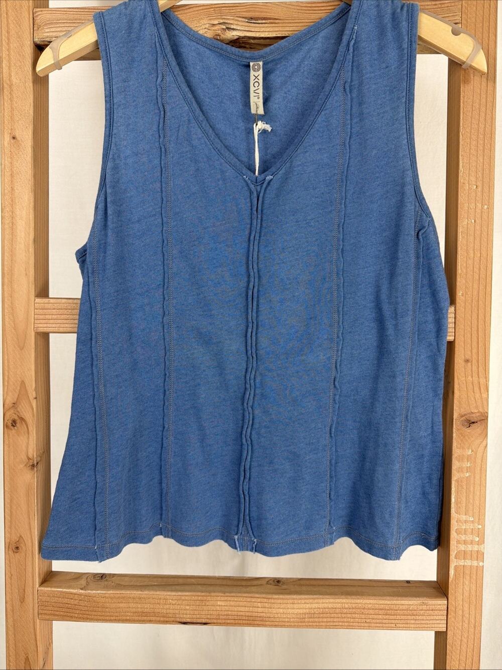 NWT XCVI Blue V Neck Ruched Seam Details Tank Top #1172 Size LARGE